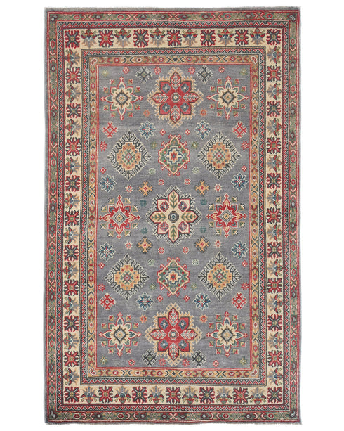 4x7 Gray Kuba Afghan Hand Knotted Wool Area Rug
